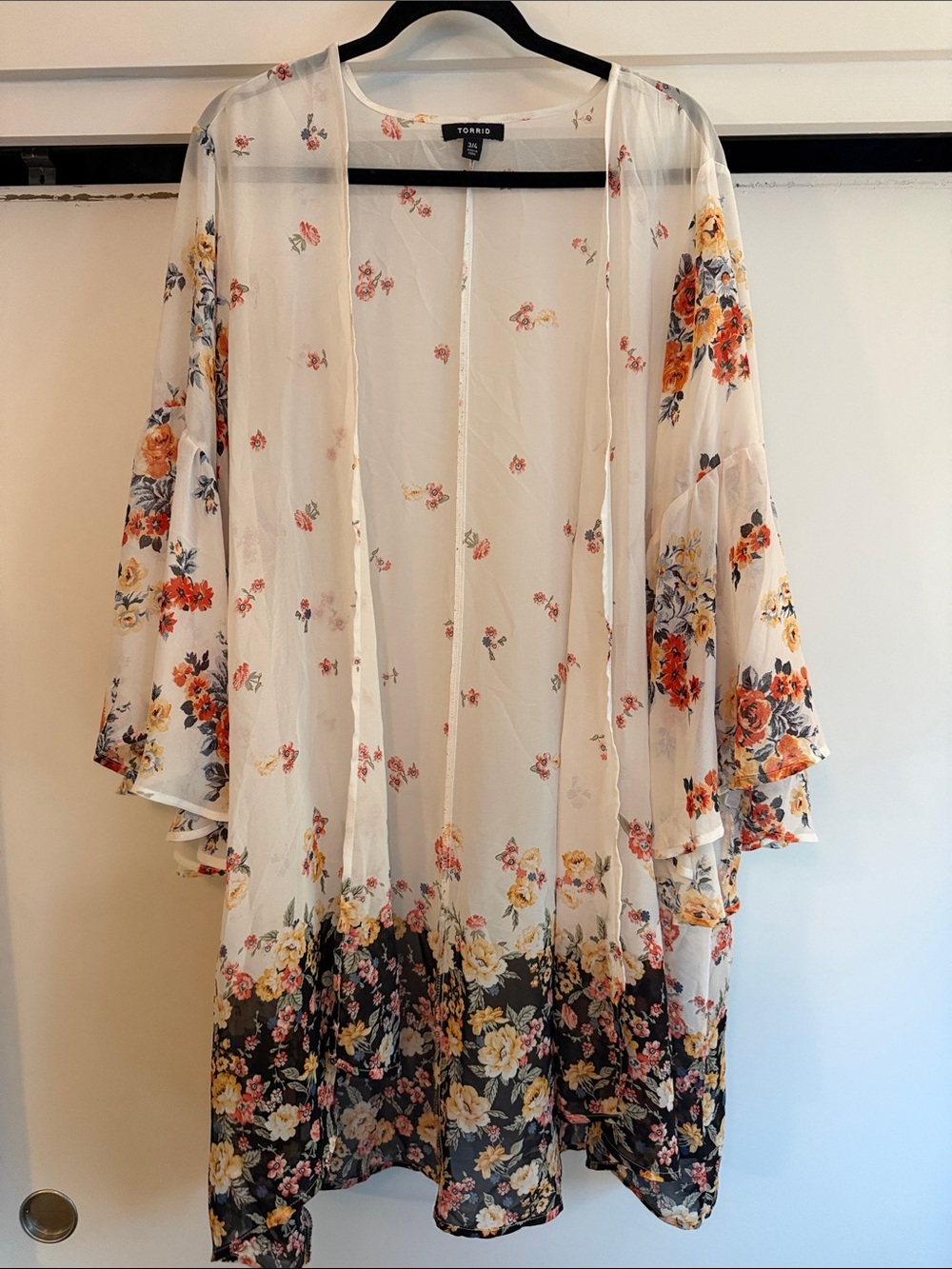 torrid Cream Floral Sheer Kimono Cover-Up with Orange and Yellow Blooms